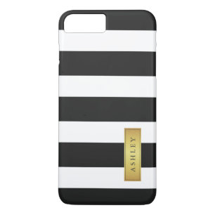 Classic Black White Stripe Pattern Gold Label Name iPhone 8/7 Plus Hoesje