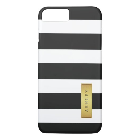 Classic Black White Stripe Pattern Gold Label Name Case-Mate iPhone Case (Achterkant)