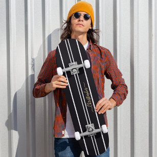 Classic Black White Stripes Cool Skater Monogram Persoonlijk Skateboard