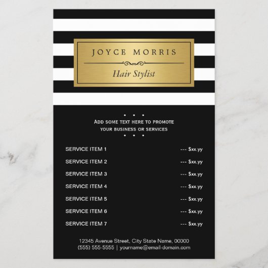 Classic Black White Stripes Gold Service Menu (Voorkant)