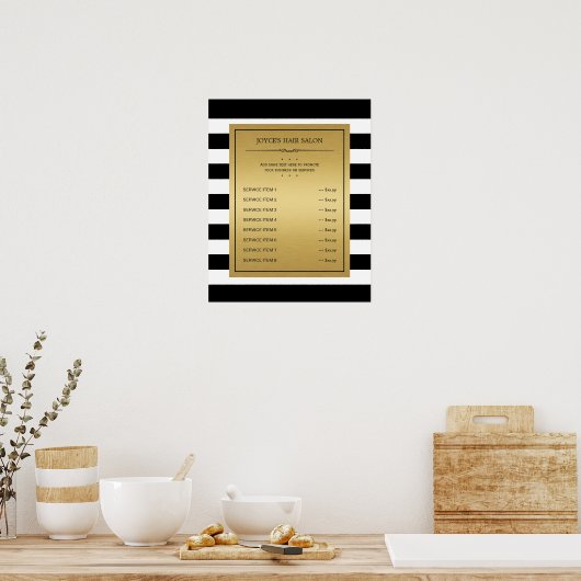 Classic Black White Stripes Gold Service Menu Poster (Keuken)