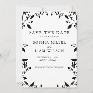 Classic Black White WEDDING Floral Save the Date  Kaart