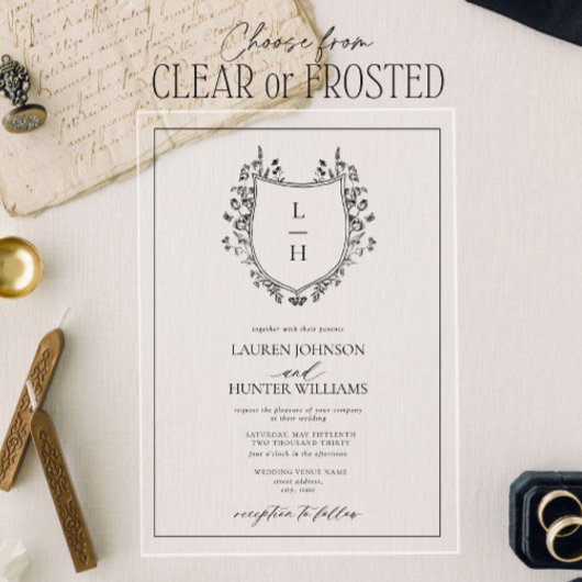 Classic Black Wildflower Monogram Crest Weddenscha Acryl Uitnodigingen