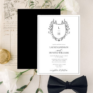 Classic Black Wildflower Monogram Crest Weddenscha Kaart