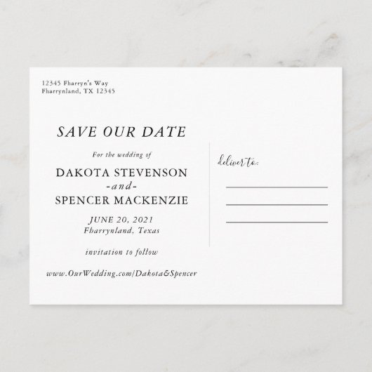 Classic Blauw Casual Script Bewaar onze datumfoto Aankondigingskaart (Achterkant)