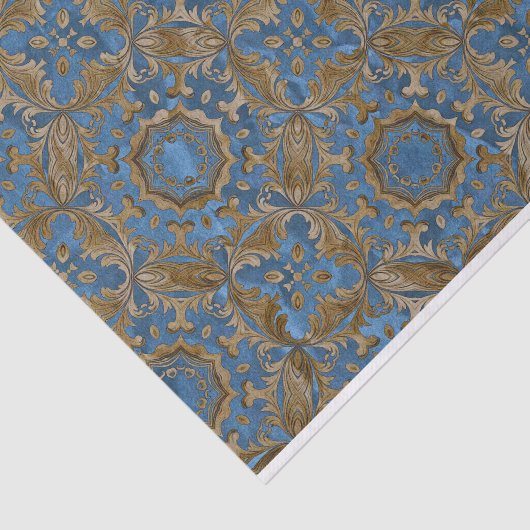 Classic Blauw en Goud Damast Pattern Tissuepapier (Detail)
