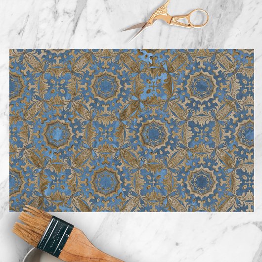 Classic Blauw en Goud Damast Pattern Tissuepapier