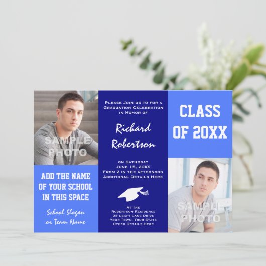 Classic Blauw en Wit Afstuderen Fotosjabloon Kaart (Staand voorkant)
