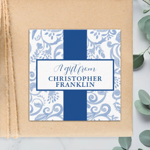 Classic Blauw en Wit Patroon Gift Label of Informatiekaartje