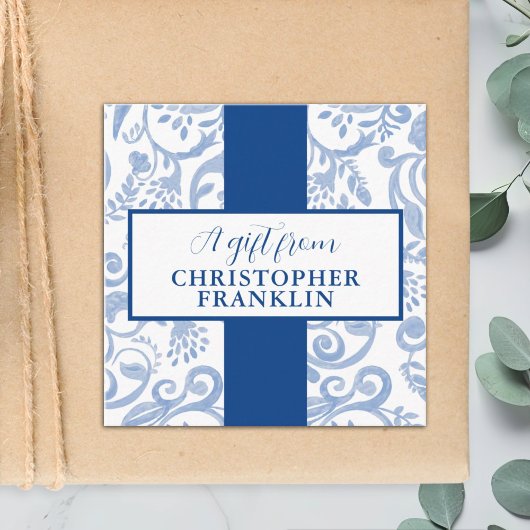 Classic Blauw en Wit Patroon Gift Label of Informatiekaartje
