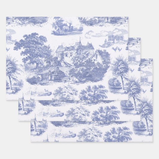 Classic Blauw  Frans Chateau Toile Inpakpapier Vel (Set)