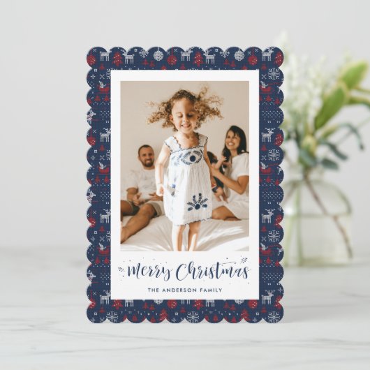 Classic Blauw Rood Foto Vrolijk Kerstfeest Kaart (Staand voorkant)