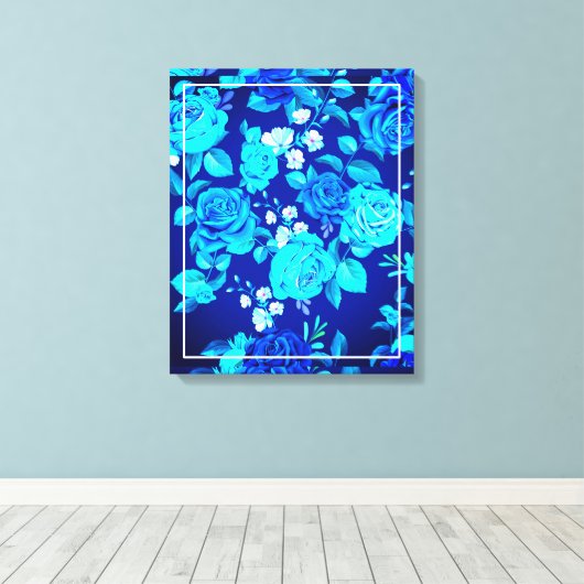 Classic Blauw Roos Bloemen Pattern-876 Canvas Afdruk (Insitu (Houten vloer))