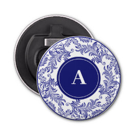 Classic Blauw & Wit Patroon Monogram Initiaal Button Flesopener