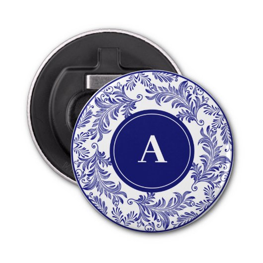 Classic Blauw & Wit Patroon Monogram Initiaal Button Flesopener (Voorkant)