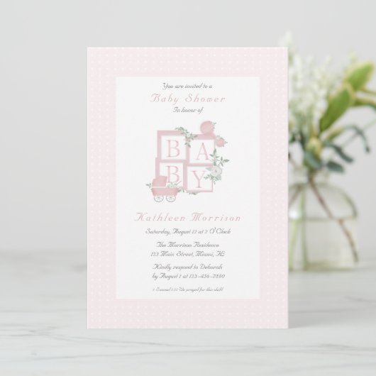 Classic Blocks en Carriage Baby shower Invites Kaart (Staand voorkant)