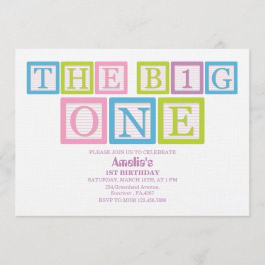 Classic Blocks Theme Simple First Birthday Invitat Kaart (Voorkant)