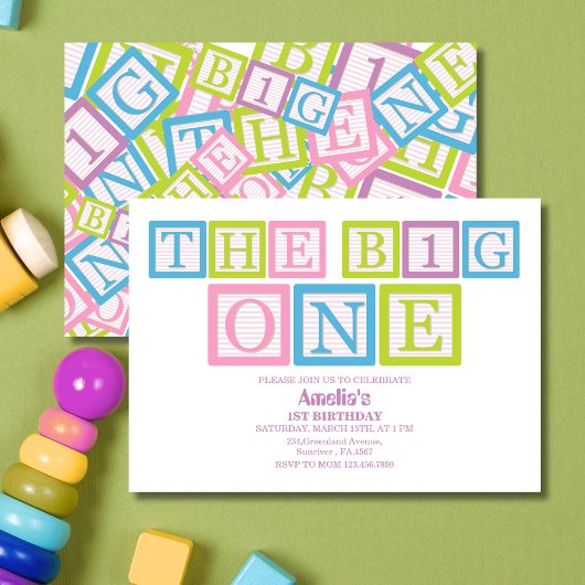 Classic Blocks Theme Simple First Birthday Invitat Kaart