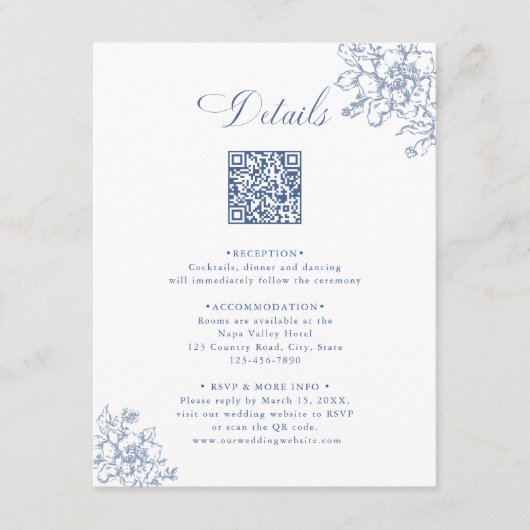 Classic Bloom Garden Dusty Blue Wedding Details Informatiekaartje (Voorkant)