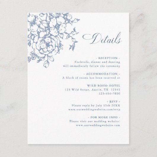 Classic Bloom Garden Dusty Blue Wedding Details Informatiekaartje (Voorkant)