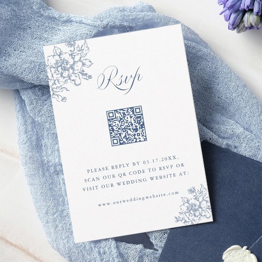 Classic Bloom Garden Dusty Blue Wedding QR Code RSVP Kaartje