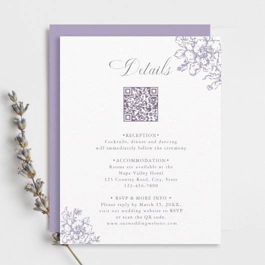 Classic Bloom Garden Lavender Wedding Details Informatiekaartje