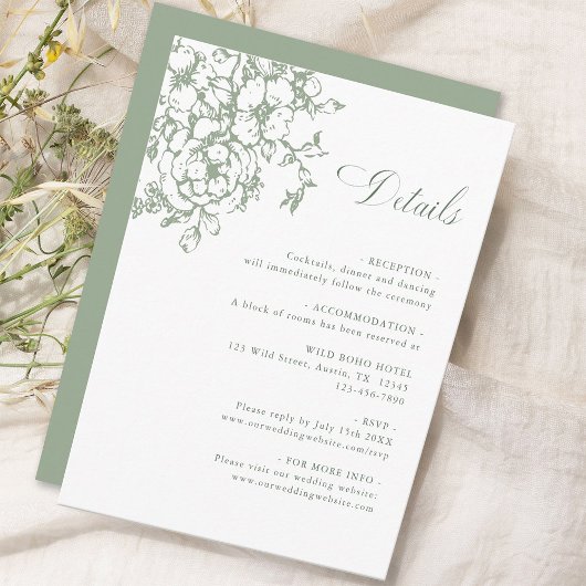 Classic Bloom Garden Sage Green Wedding Details Informatiekaartje