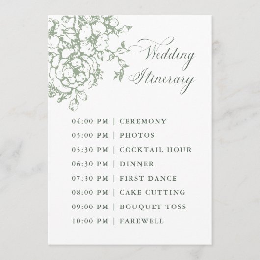Classic Bloom Garden Sage Green Wedding Itinerary Programmakaart (Voorkant)
