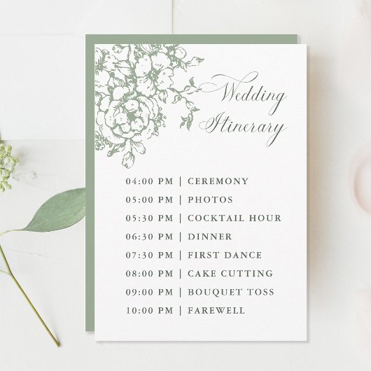 Classic Bloom Garden Sage Green Wedding Itinerary Programmakaart