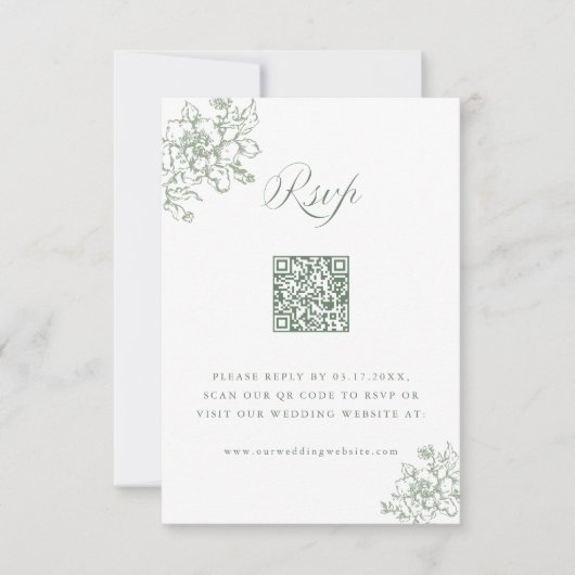 Classic Bloom Garden Sage Green Wedding QR Code RSVP Kaartje (Voorkant)