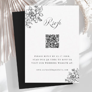 Classic Bloom Garden Zwart & Wit Trouwen QR Code RSVP Kaartje