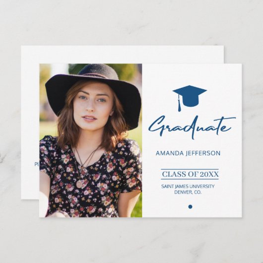 Classic Blue Afstuderen | Moderne scriptfoto Briefkaart (Voorkant / Achterkant)