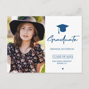 Classic Blue Afstuderen   Moderne scriptfoto Briefkaart