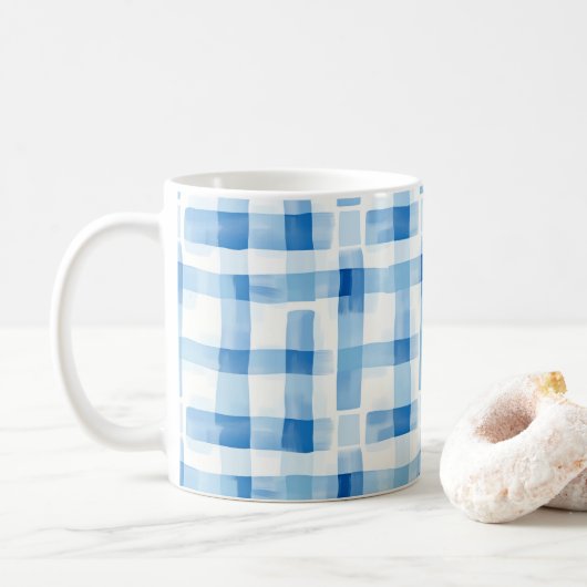 Classic Blue and White Gingham Checkered Pattern Koffiemok (Met donut)
