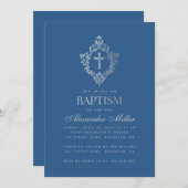 Classic Blue Baptism Boy  Faux Silver Crest Kaart (Voorkant / Achterkant)