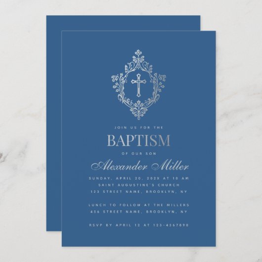 Classic Blue Baptism Boy Faux Silver Crest Kaart (Voorkant / Achterkant)