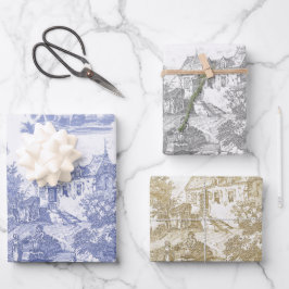 Classic Blue Beige  Franse Chateau Toile Inpakpapier Vel
