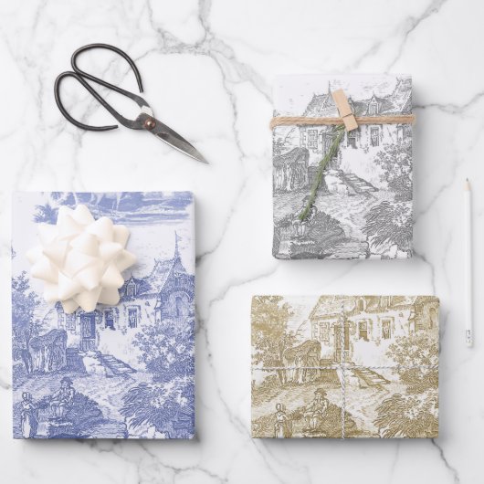 Classic Blue Beige Franse Chateau Toile Inpakpapier Vel (Voorkant)