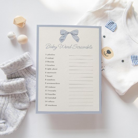 Classic Blue Bow Baby shower Word Scramble spel Kaart