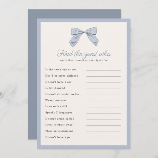 Classic Blue Bow Vind de Gast Douche Game Kaart (Voorkant / Achterkant)