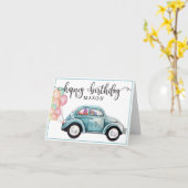 Classic Blue Bug Car met ballonnen | blanco verjaa Kaart (Gele Bloem)
