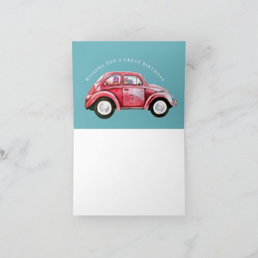 Classic Blue Bug Car met ballonnen | blanco verjaa Kaart (Binnen)