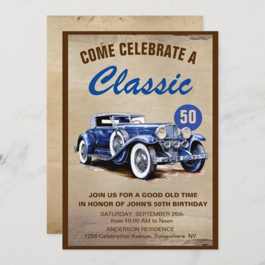Classic  Blue Car Vijftig Verjaardag Kaart (Voorkant / Achterkant)
