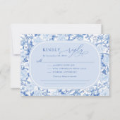 Classic Blue Chinoiserie Bird Peony Wedding RSVP Kaart (Voorkant)
