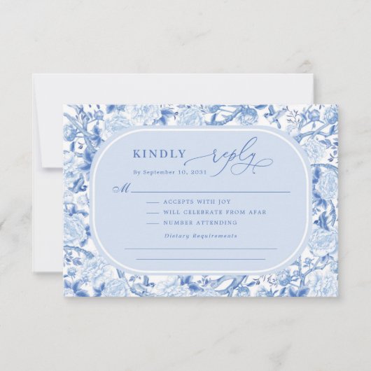 Classic Blue Chinoiserie Bird Peony Wedding RSVP Kaart (Voorkant)
