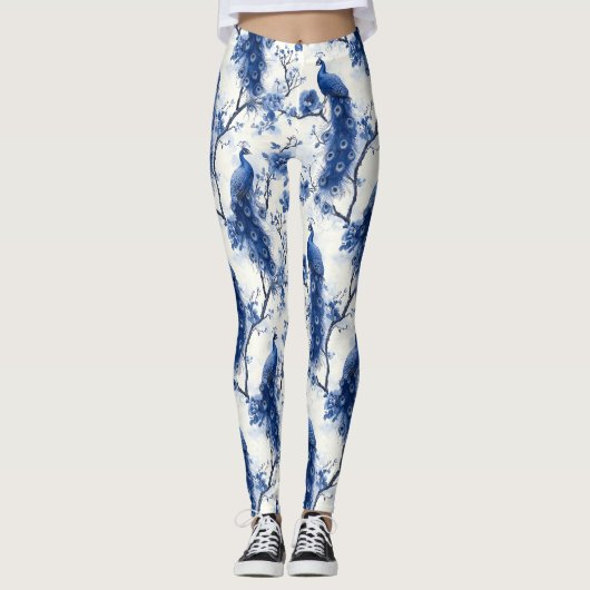 Classic Blue Chinoiserie Waterverf Franse Pauw Leggings (Voorkant)