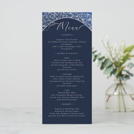 Classic Blue Damask  Wedding Menu Kaart (Staand voorkant)