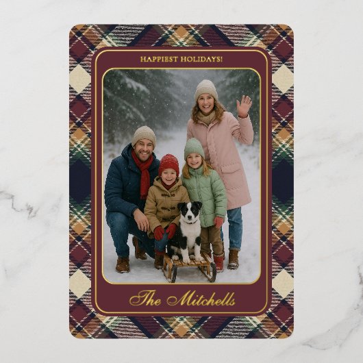 Classic Blue Dark Green Red Plaid Pattern Holiday Folie Feestdagenkaart (Voorkant)