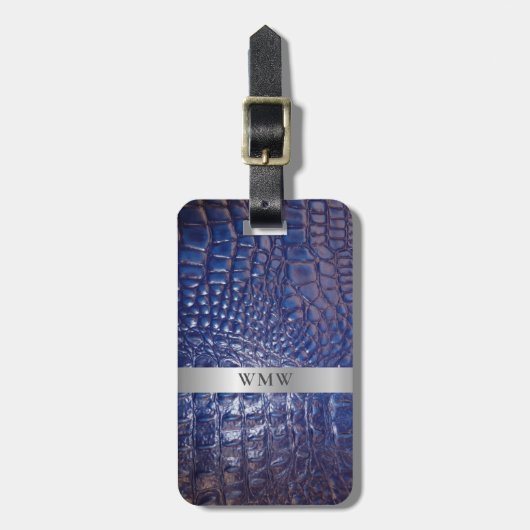 Classic Blue Digital Leather Silver Metal Monogram Bagagelabel (Voorkant verticaal)