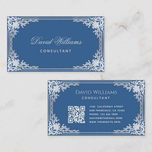 Classic Blue Elegant   Lijst QR-code Visitekaartje (Voorkant / Achterkant)